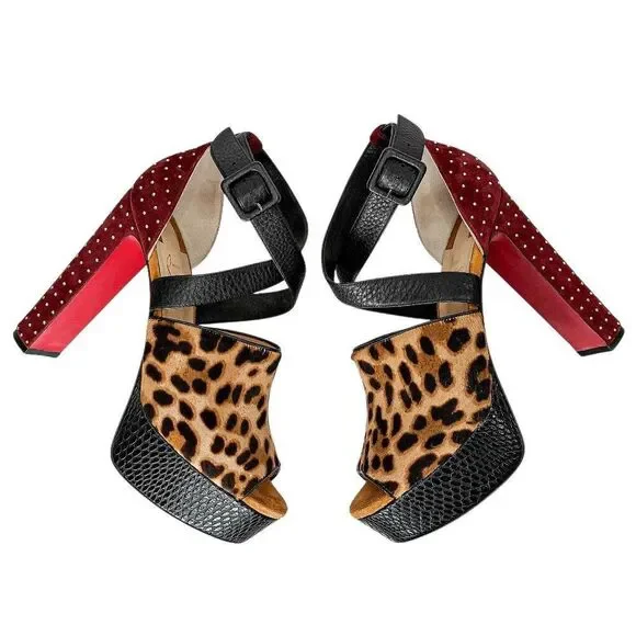 Christian Louboutin Bingirl Plume Leopard Platform Studded Sandal Heel 130 EU 39 - Picture 5 of 11